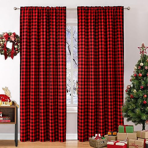 WUBODTI Lot de 2 Rideaux de Noël à Carreaux Rouges et Noirs de 213 cm de Long – Rideaux filtrant la lumière pour Salon, Chambre à Coucher, Salle à Manger