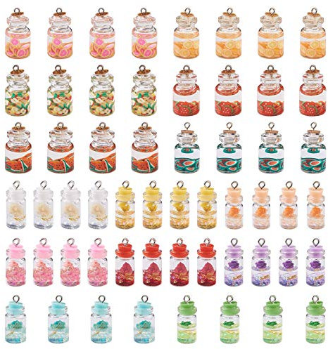 PandaHall 56 Stück Obsttee-Anhänger Glasflaschen-Charms 2 Stile Harzflasche Boba Tee Charms Obst & Blume innen für DIY Schlüsselanhänger Ohrringe Halskette Handwerk Herstellung