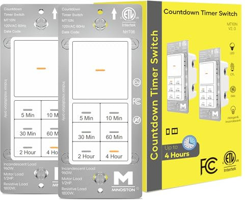 Minoston Zeitschaltuhr, 2-4 Stunden, 5-10-30-60 Minuten, mit dimmbarer LED-Anzeige, benötigt neutrales Kabel, Countdown-Schalter für Beleuchtung, Badezimmer