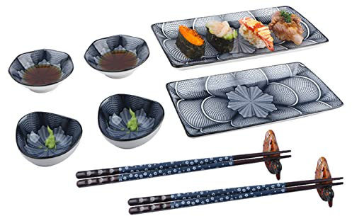 Artcome 10 Pcs Japanese Style Ceramic Sushi Plate Dinnerware Set for Wedding Housewarming - 2 Sushi Plates, 2 Sauce Dishes, 2 Snack Bowl, 2 Pairs of Chopsticks, 2 Chopsticks Holders, Dark Blue