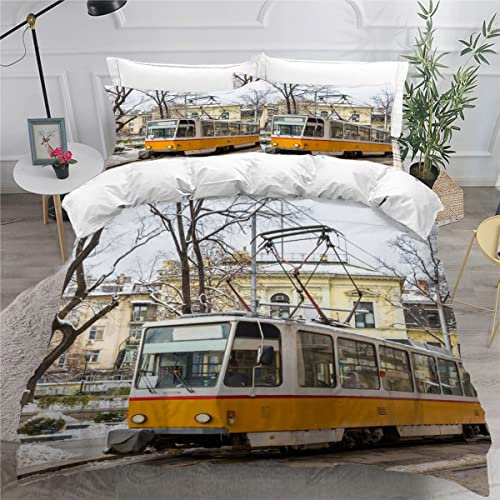 NUYSP Retro-Zug Bettwäsche-Set Einzelbett Bettbezüge mit Reißverschluss gelbe Straßenbahn Bettwäsche 135x200cm und 2 Kissenbezug 80x80cm, Hohe Dichte Mikrofaser Bettwäsche für Kinder Teenager