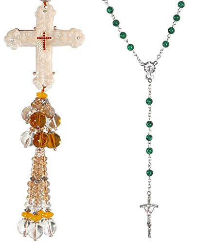 Lucite Kristall Jesus Kreuz Auto Anhänger mit Perlen Quaste Auto Anhänger Hängende Auto Styling Zubehör, katholisch Regilious Kreuz Anhänger Halskette Perlen Rosenkranz Kette