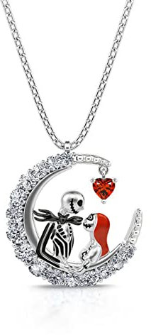 Jeulia Sterling Silber Schädel Paar Halskette mit 1.61ct Herz Diamant für Frauen Herren Tochter Zirkonia Anhänger Mondform Jack und Sally Schädel Schmuck Schmuck Nightmare Before Christmas Geschenke