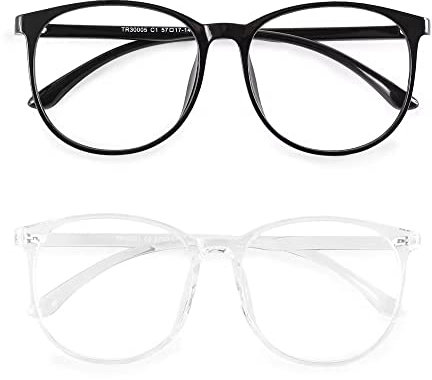 Dolarosey 2 Pack Blue Light Blocking Glasses Oversized Frame for Computer/Phone/Pad/Game/TV,Anti Glare Avoids Headaches Eye Strain(black and clear)