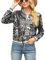 ORANDESIGNE Damen Pailletten Glitzer Mehrfarbige Metallic Sommer Festival Party Bomberjacke Pailletten Crewneck Bomberjacke Glitzer Jacke Langarm Reißverschluss Crop Jacke D Schwarz M