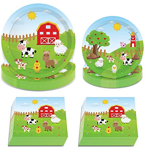 EVERMARKET 36PCS Farm Animal Party Decorations, Farmhouse Animal Party Supplies Tableware, Animal Party Plates Napkins for Birthday Party Decorations Disposable Plates Napkins Table Decors, 8 Guests