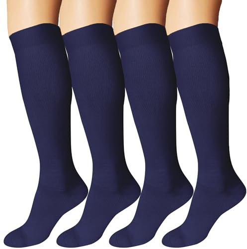 DDOBB Lot de 4 Chaussettes de Contention Femme et Homme Bas de Contention Femme Circulation Compression 20-30 mmHg Professionnelle Soutien pour L'athlétisme, la Course (Navy*4,S-M)