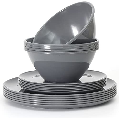 Youngever 18 Pieces Re-usable Plastic Kitchen Dinnerware Set, Plates (20CM & 25CM), Bowls (1000ML), Service for 6 (Dark Grey)