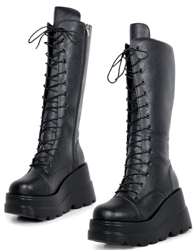 Gothniero Women Black Platform Goth Boots Knee High Chunky Heel Gothic Boot Women Black Combat Motorcycle Booties Round Toe with Zip 3UK-8UK
