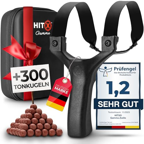 HITX® Zwille Steinschleuder Profi Bundle Set | Für Große Hände & Einfacher Clip-Technik | Slingshot Schleuder mit Gummiband Extra Stark | + 300 Tonkugeln | Bundle Set mit Ersatzgummi | Gamma