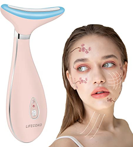 Gesichtsmassagegerät Gegen Falten, LiFECOKO Massagegerät für Gesicht und Hals, 45℃ Face Massager für die Straffung und das Lifting des Gesichts, Face Lifting Gerät, Wiederaufladbares USB - Rosa