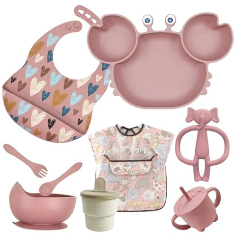 ASENME Vajilla de silicona para bebés de nueve piezas Vajillas (Rosa oscuro)