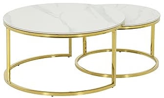 Hela Tische, 2er Set Couchtisch Wohnzimmertisch Joel, Rund, Sofatisch, Echtstein in Marmoroptik Glanz Weiß, Metallgestell Gold, Ø 80+Ø 60cm