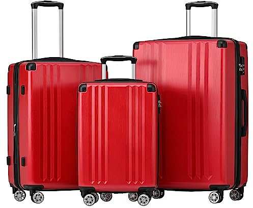 Merax Koffer Set 3-teilig, Hartschalen-Koffer Trolley Rollkoffer Reisekoffer Handgepäck, TSA Zollschloss, 4 Rollen, Teleskopgriff, ABS-Material, M-L-XL, Rot
