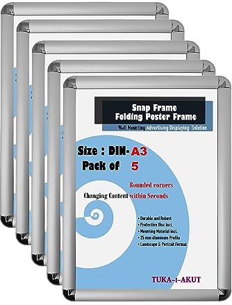 TUKA-i-AKUT 5er Aluminium Klapprahmen DIN A3 | 25 mm Profil | Abgerundete Ecken | Schutzscheibe Befestigungsmaterial | Plakatrahmen Wechselrahmen Schnapprahmen Aufklappbar, Silber Farbe TKD8421-A3-5X