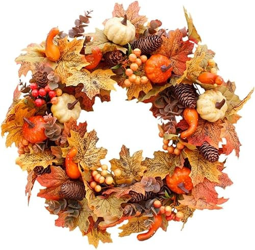 ZEEGII Künstlicher Herbstkranz, 50 cm großer Haustür Kranz, Weihnachtskranz mit Kürbis-Ahornblättern und roten Beeren, ideal für Herbst, Halloween, Erntedankfest, Innen- und Außendekoration