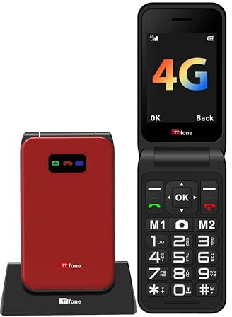 TTfone TT760 Klapptelefon 4G mit Großen Tasten für Senioren und Notruf-Taste - Entsperrtes Grundlegendes Mobiltelefon (Rot, mit Ladestation)