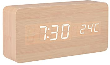 GINZER LED Digital Wood Alarm Clock, Bedside Silent Wooden Clock with Multiple Alarm and 5 Level Brightness, Big White Digit Display,Non Ticking, Mains Powered or Battery Operated