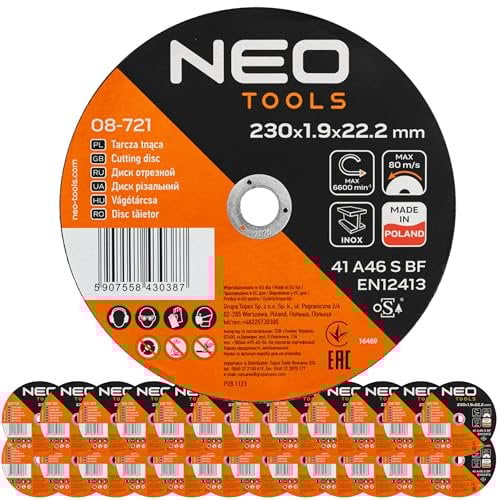 NEO TOOLS Trennscheiben Ø 230 x 1,9 mm x 22,23 mm 25 Stück | INOX und Stahl - Metall Stahl Edelstahl - Flexscheibe für Winkelschleifer - Schruppscheibe, max. 6600 RPM - 80 m/s