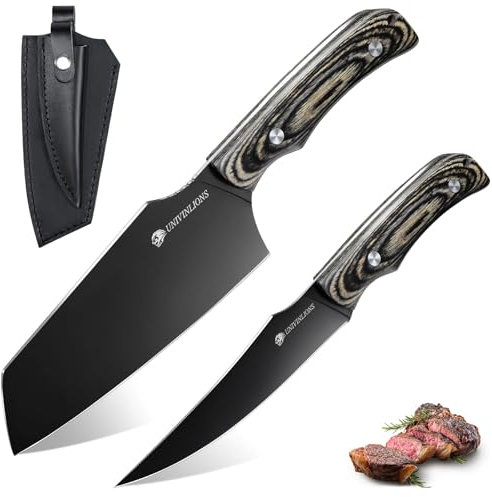 univinlions Messerset 2 PCS,Titanbeschichtetes Hackmesser,Extrem Scharfe Küchenmesser mit Lederscheide,Ausbeinmesser mit Ergonomischer Holzgriff, Profi Kochmesser für Küchen Camping BBQ