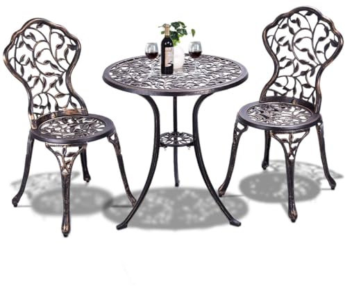 GOPLUS 3tlg. Bistroset, Ø60cm Bistrotisch mit 2 Stühlen, Gartenset Balkonset aus Aluminiumguss, Balkonmöbel Gartenmöbel Set, Sitzgruppe antik für Garten Balkon Hof Terrasse Pool