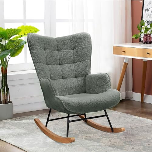 jeerbly Schaukelstuhl Teddy Samt Square Back，Schwingsessel Akzentstuhl Wohnzimmersessel Relaxsessel Schaukelsessel für Schlafzimmer, Relaxsessel Fernsehsessel，Belastbarkeit bis 120 kg (Dunkelgrau)
