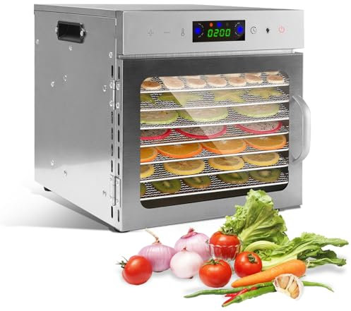 Domigard Fruit and vegetable Dehydrator, 8 Trays Food Dehydrator Stainless Steel, Fruit Dryer Machine 400W with Adjustable Temperature Control from 35-90°C and 24H Adjustable Timer