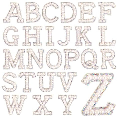 26 Pcs Pearl Iron on Letters A-Z Rhinestone Letter Patches Self Adhesive Sew on Alphabet Applique for Clothing, Glitter Stick on Pearl Letter Patches for DIY Craft Supplies(1.8inch White)