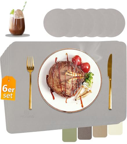 HELI MIAO Tischsets Abwaschbar,Platzsets Abwischbar,Tischset Leder,Hitzebeständig Doppelseitigen I 6er Set Platzdeckchen Lederoptik mit Untersetzer,Tischuntersetzer,Platzdecken silbrig