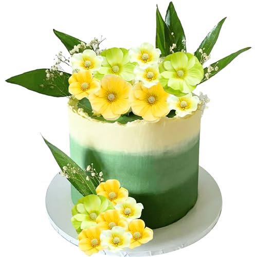 Gyufise 12Pcs Flower Cake Topper Happy Birthday Artificial Rose Cake Decorations Bridal Engagement Baby Shower Birthday Party Anniversary Party Decorations Supplies Yellow Green