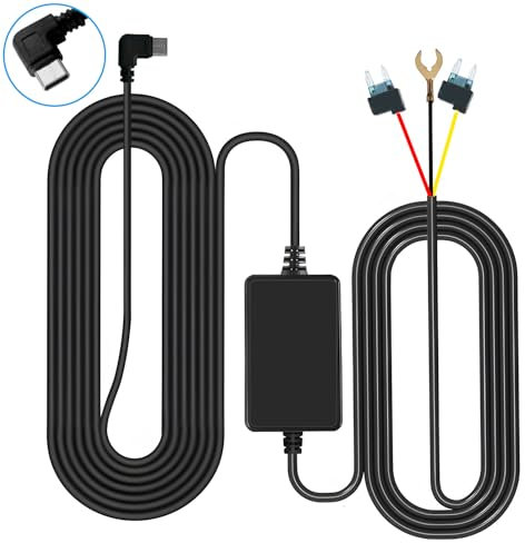 Dash Cam Hardwire Kit USB Type C Hard Wire Kit, Mini-Fuse, 3.5m USB C Port Wiring with Low Voltage Protection, Converts 12V-24V to 5V/3A Car Camera Charge Power Cord Kit for Dashcam GPS Power Supply