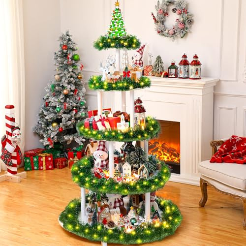 Barydat DIY Weihnachtsbaum Dorf 5 Etagen 59 Zoll Weihnachten Bücherregal Display Supplies Ornament mit Schneedecke Girlande Display Baumständer Weihnachtsbaum Holzhalter für Urlaub Display
