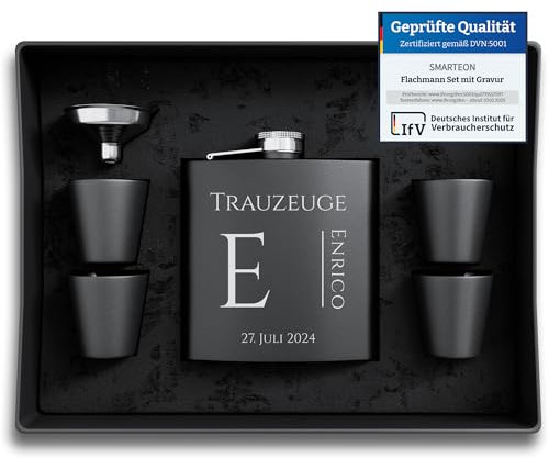 Personalisierter Flachmann mit Namen - Edelstahl Set für Männer - Geschenk für Trauzeuge und Hochzeit (Design 6)