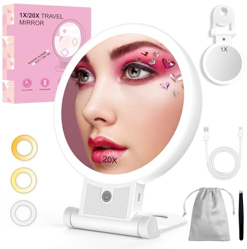 Robofun Schminkspiegel mit Beleuchtung, 1X/20X Vergrößerungsspiegel mit Licht, 3 Farblichter, 20%-100% Einstellbarer Helligkeit, Kosmetikspiegel mit Beleuchtung, 2500mAh Weiß Reisespiegel