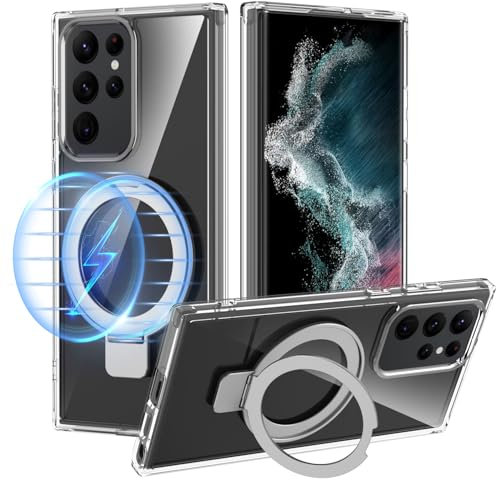 Magnetische für Samsung Galaxy S22 Ultra Hülle Kompatibel mit MagSafe, Transparent Handyhülle mit Unsichtbar Ständer Stoßfest Kratzfeste Bumper Anti Fingerabdruck Slim Schutzhülle, Durchsichtig