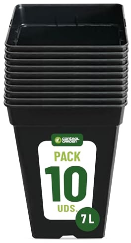 Control Garden Pack 10 Macetas Cuadradas para Plantas Negra 7 L - Diez Maceteros de Plástico para Flores - Tiesto para Cultivos Resistente