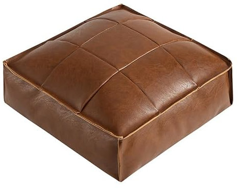 Ottomane quadratisches Bodenkissen, PU-Leder, Vintage-Retro-Stil, gewachstes Leder, Sitz für Wohnzimmer, Schlafzimmer, Balkon (dunkler Kaffee, nur Bezug, L-45 x 45 x 15 cm)
