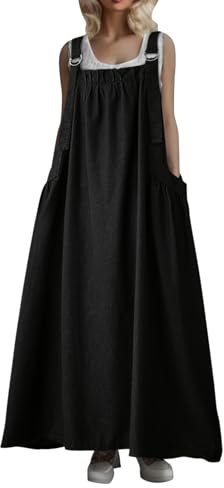 Minetom Donna Salopette Vestiti Jeans Vita Alta Baggy Denim Vestito Senza Maniche Overall con Tasche Lunghe Gonne A Nero XXL