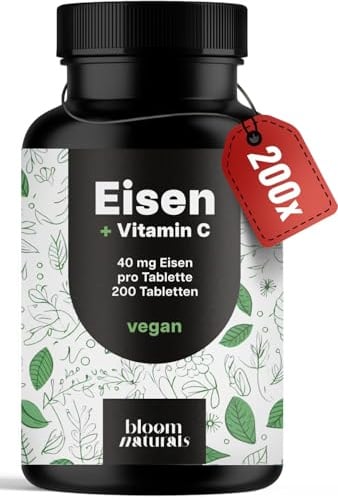 Eisen hochdosiert – 200 Tabletten – 40 mg pro Tablette | Mit 40 mg Vitamin C – vegan, produziert in Deutschland, laborgeprüft