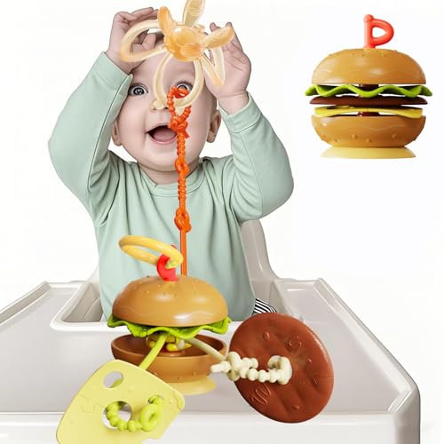 Purphy Bébé Burger Jouet Ventouse Chaise Haute, Jouets Eveil Bébé pour Dentition,Jeux Bebe 6 Mois Jouet Montessori Sensoriel, Transformable en Bol à Snacks pour Filles et Garçons