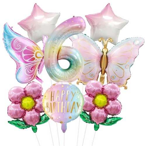 KOBOKO Schmetterling Luftballon 6 Jahre Mädchen, 7 Stk Schmetterlinge Ballon Geburtstagsdeko 6 Jahre Mädchen, Schmetterling Deko Luftballons 6. Geburtstag, Blumen Folienballon Geburtstag 6 Jahr