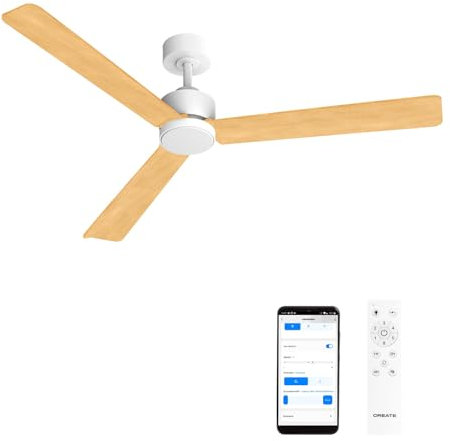 CREATE / WIND MODERN L/Ventilador de techo con luz blanco madera clara con Wifi y mando / 40W, Luz LED 3 temperaturas, Ø152 cm, programable, 6 velocidades, función verano-invierno