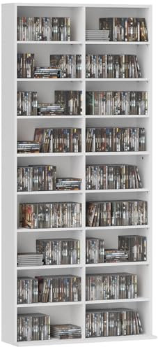 HOMCOM CD DVD Blueray Regal CD-Ständer für bis zu 640 CDs oder 360 DVDs oder 430 Blurays Aufbewahrung mit verstellbaren Regal Bücherregal Medienregal fürs Wohnzimmer 78,5 x 24 x 175 cm Weiß