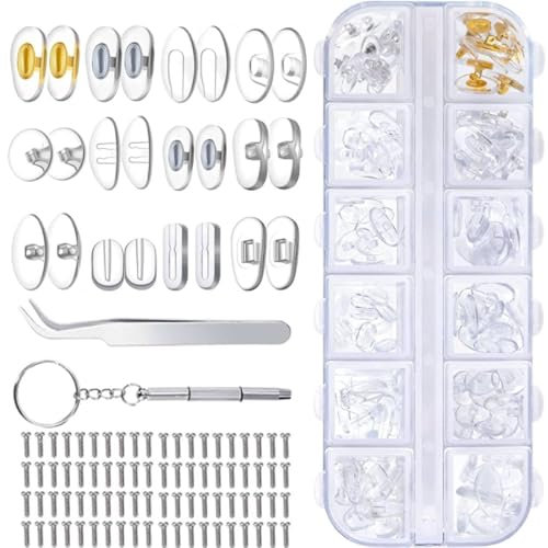 Glasses Repair Kit - 12 Styles - 60 Pairs Silicone Nose Pads - Glasses Screws Set with Nuts, Tweezers and Mini Screwdriver - Glasses Repair Kit with Screws and Screwdriver