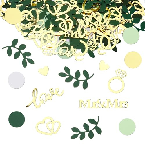 Affivia 200 Stück Love Konfetti Hochzeit Deko Groß, Hochzeitsdeko Mr & Mrs Streudeko,Herzen Tischdeko Hochzeit Grün Gold,Mr und Mrs Deko Tisch,Glitzer Herz Konfetti für Just Married,Goldene Hochzeiten