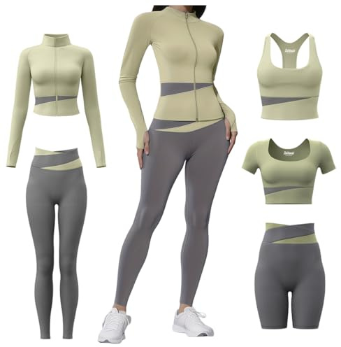 ZiaWorld 5pcs Women Yoga Wear Workout Set with Zipper Long Sleeve Jacket Fitness Yoga Leggings Sports Bra Short Sleeves Top for Running Fitness Seamless Tracksuit