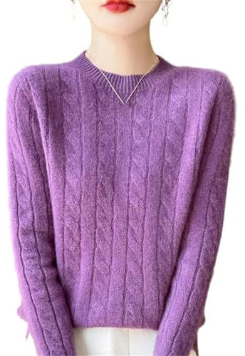 Maglione invernale da donna, 100% lana merino, spesso, caldo, con scollo rotondo, motivo floreale intrecciato, Viola, XL