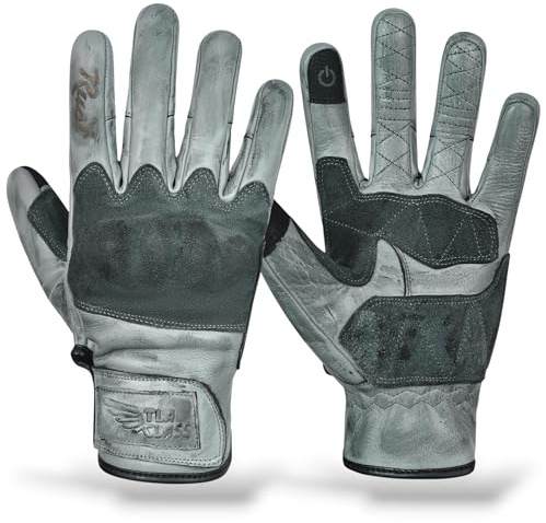 TLA Rust Vintage Motorradhandschuhe aus Leder mit CE-geprüften Knöchelprotektoren, 2XS bis 4XL Herren und Damen, Cafe Racer, Rennen, Touchscreen Motorradhandschuhe, hoher Aufprallschutz (Grau, L)