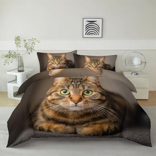Srigzcaly Tier HD Getigerte Katze Fotografie Bettwäsche 135x200 cm für Jungen Teenager Männer, Braun Mikrofaser Bettbezug mit Reißverschluss und Kissenbezug - Tröster Abdeckung Warm Weich Bett Set