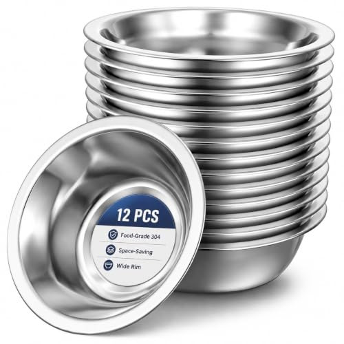 Xygobla 12 Pack Stainless Steel Mixing Bowls | 18CM Wide Round Metal Prep Bowls, Soy Food Dipping Bowls & Soup Basin for Baking, Cooking, Serving (Dishwasher Safe)